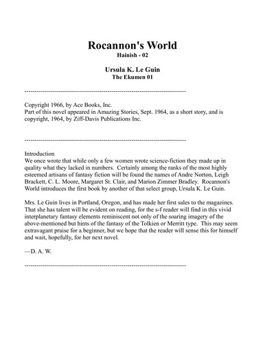 Ursula K. Le Guin: Rocannon's world (1977, Harper & Row)